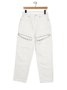 AREA White Straight-Leg Jeans with Crystal Embellishment